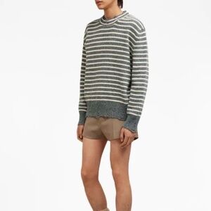 Patrick Assaraf Men Knit Sweater 100% soft cotton Stripes Sky Blue Gray White L